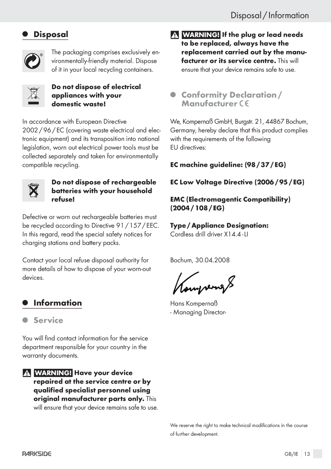 Kompernass KH 3188 manual Disposal / Information, Service, Conformity Declaration / Manufacturer 